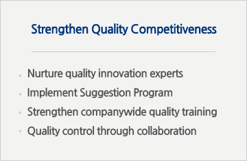 Strengthen Quality Competitiveness : Nurture quality innovation experts, Implement Suggestion Program, Strengthen companywide quality training, Quality control through collaboration